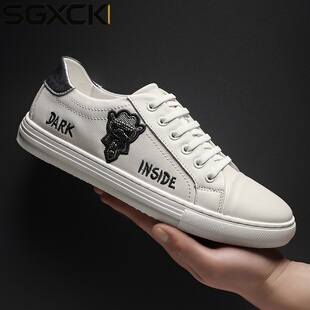 SGXCK 男鞋春季小白鞋刺绣真皮缝制板鞋英伦潮流休闲鞋子头层牛皮