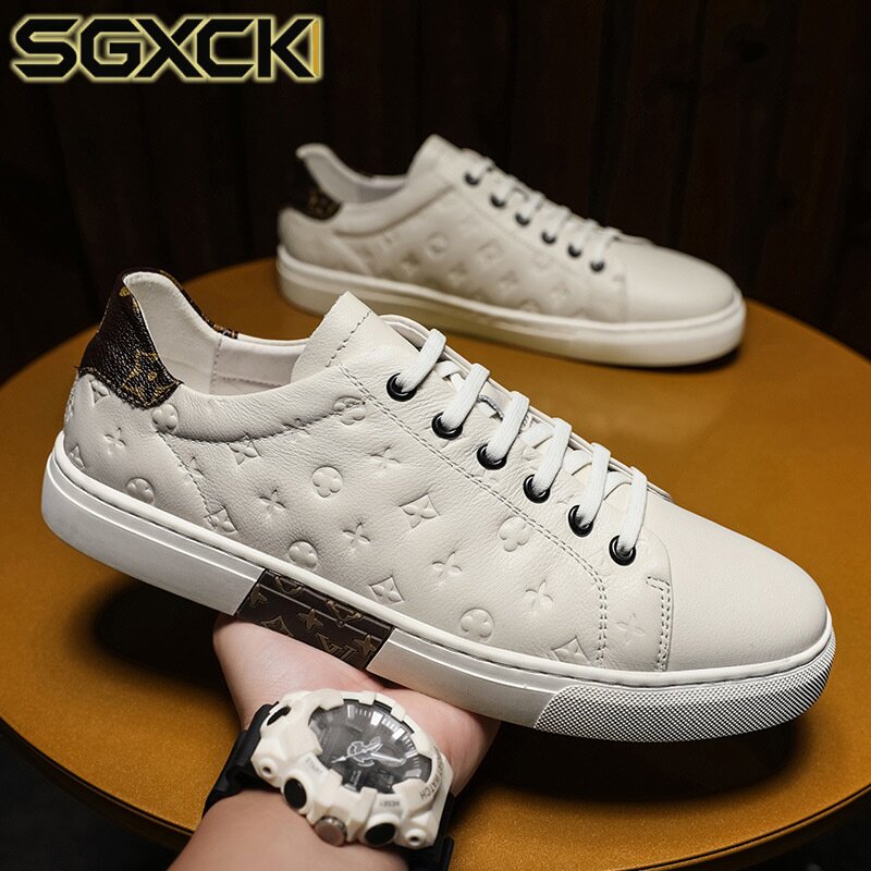 SGXCK 男鞋秋季头层牛皮小白鞋真皮板鞋格纹日常休闲韩版潮男透气