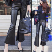 女2019秋冬季 新款 松紧大码 PU皮加绒毛边喇叭裤 阔腿休闲裤 韩国东大