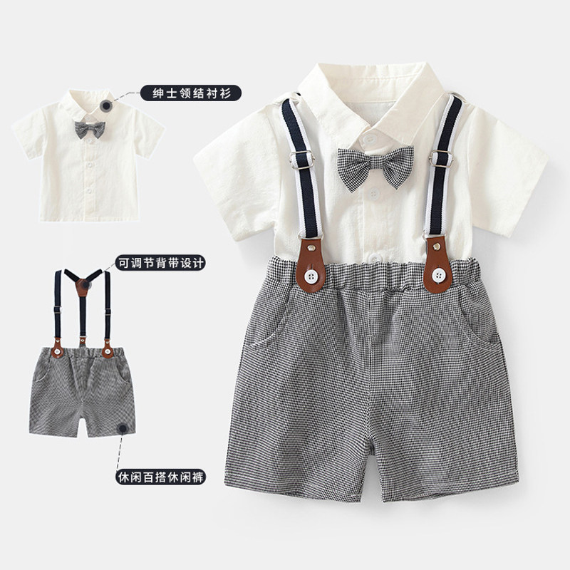 英式风儿童绅士西装白衬衫背带裤套装百天周岁男婴儿礼服短袖夏款