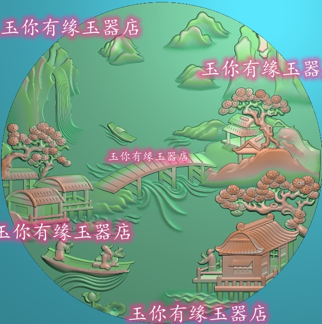 新款圆牌意境山水牌高山流水小桥房子人物精雕图jdp灰度图b浮雕图