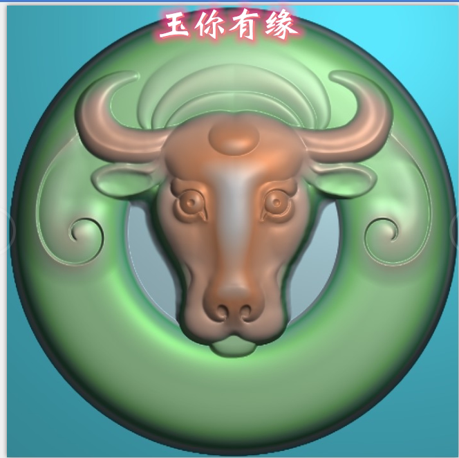 牛精雕图圆牌生肖牛扭转乾坤挂件牛头木雕牛浮雕玉雕灰度图雕刻图