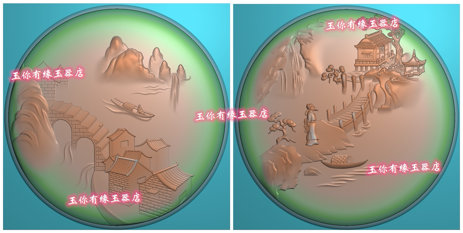 精雕图jdp灰度图浮雕图玉雕椭圆山水小桥李白江南水人物仙鹤两面