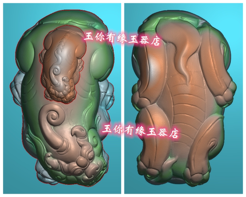子母貔貅双面深雕挂件精雕图浮雕玉雕灰度图JDPBMP电脑雕刻图