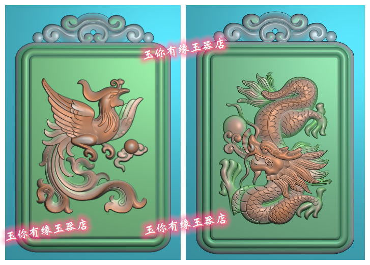 仿古双龙头龙牌凤凰龙凤对牌龙凤呈祥 精雕图浮雕玉雕电脑雕刻jdp