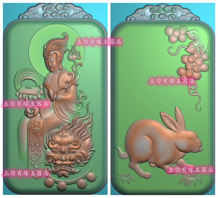 双面十二生肖兔 守护神文殊菩萨精雕图JDP浮雕玉雕灰度图电脑雕刻