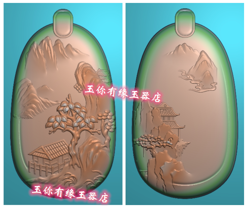 正反面山水牌精雕图山水人物牌房子两面玉雕牌头框山水牌双面玉牌