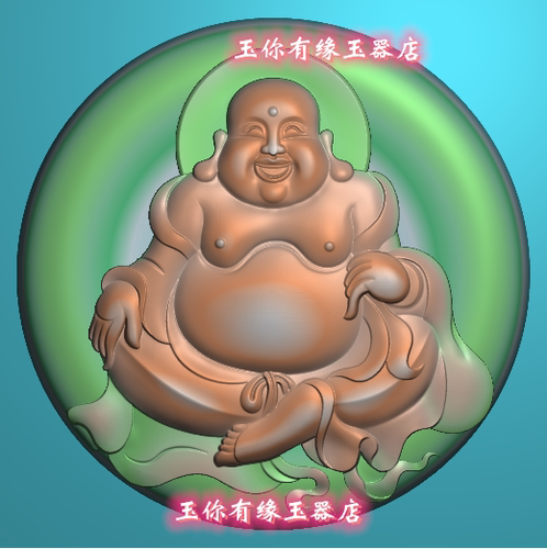 正坐佛弥勒佛挂件圆牌圆形坐佛笑佛招财挂件精雕图浮雕灰度图雕刻