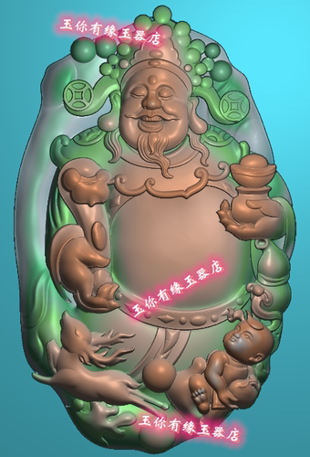 随型财神童子小鹿挂件精雕图浮雕玉雕灰度图JDPBMP电脑雕刻图