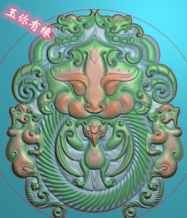 仿古兽面兽头圆牌仿古玉璧浮雕图白玉貔貅兽精雕图电脑雕刻玉雕图