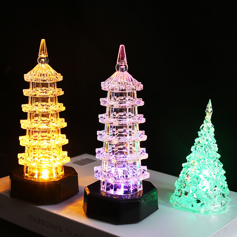 새로운 다채로운 아크릴 파고다 밤 빛 빛나는 LED 빛 어린이 거리 스톨 반지 뜨거운 판매 야시장 장난감