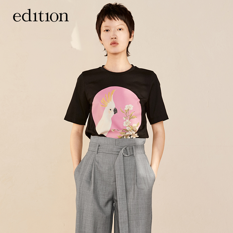 edition鸚鵡花鳥印花短袖T恤春寬松圓領直身EA181TEE208 moco