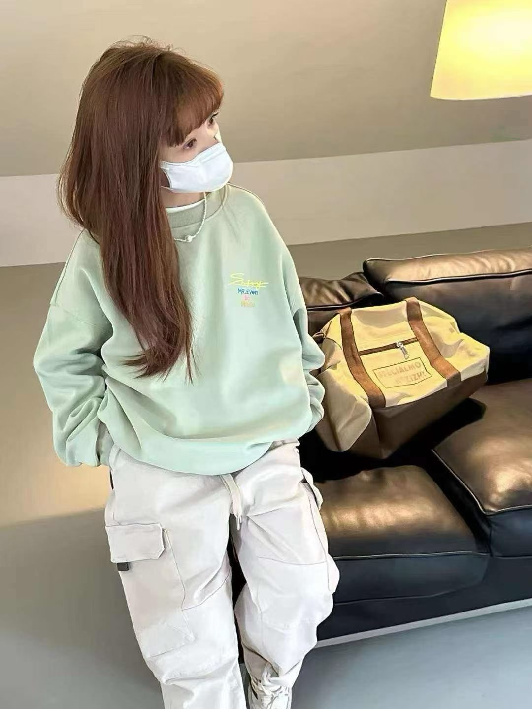 波拉儿童卫衣春秋韩版薄荷绿字母印花男童上衣圆领套头女童卫衣