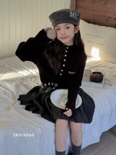 布芮欧童装2025秋冬新款纽扣女童毛衣黑色中高领女童针织衫9010