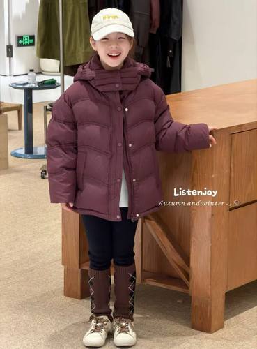 波拉韩版童装2025冬款绛紫色儿童羽绒服女童90白鸭绒男童羽绒外套