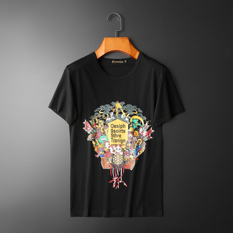 2023长期款-长期款男士短袖2024夏装印花丝光棉短袖T平铺，男装T恤，电商D208