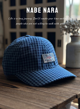 naba nara艺术气质复古小格纹布标6cm短檐鸭舌帽子男女日系棒球帽