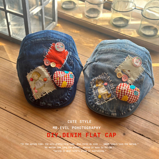 -手工原创设计-可爱插画牛仔前进帽子女贴布软妹画家帽大头围春夏