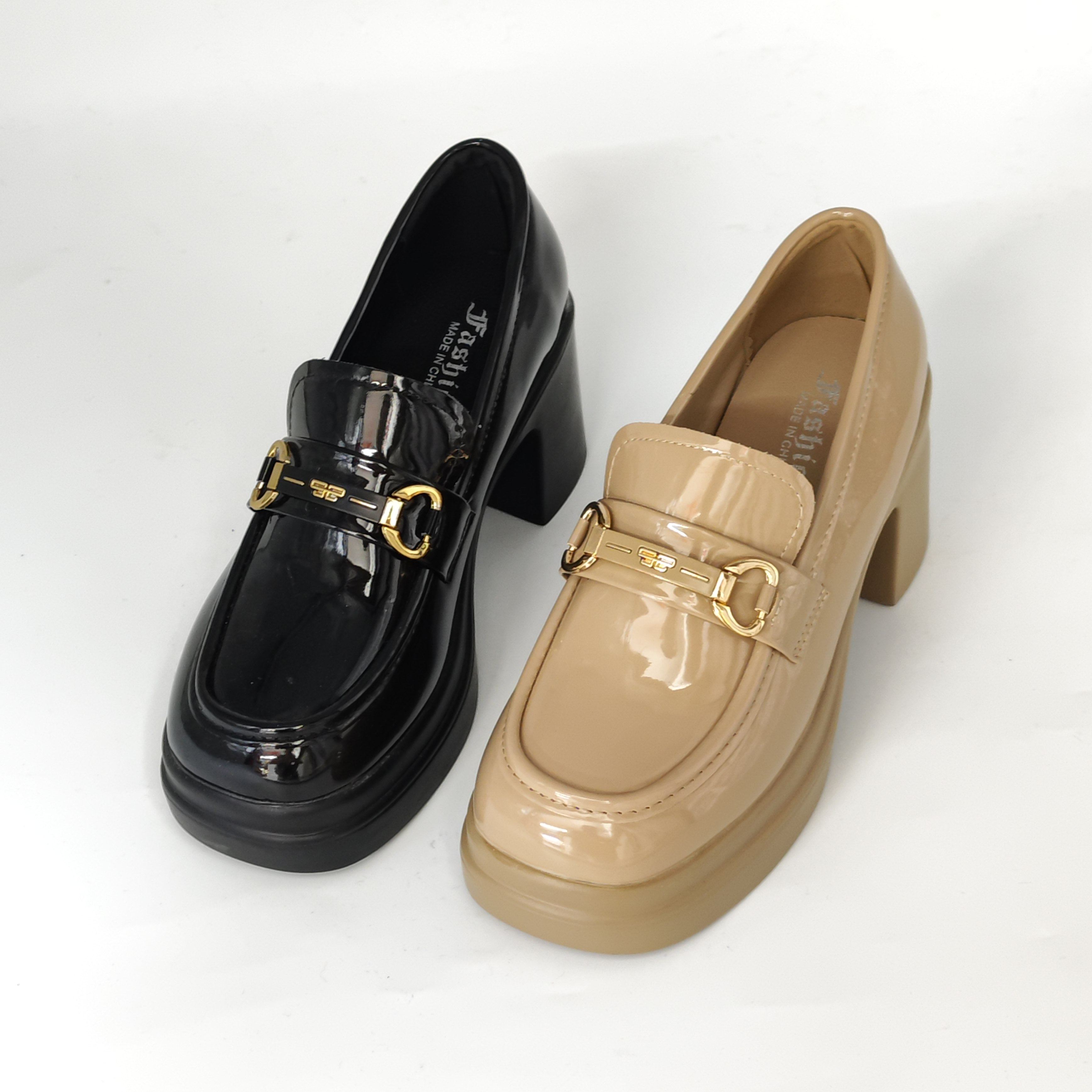 粗跟乐福鞋女2025新款百搭高跟松糕厚底单鞋英伦一脚蹬小皮鞋A22