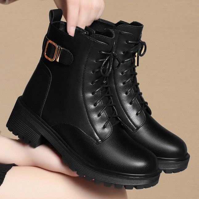 冬季新款马丁靴妈妈棉鞋粗跟厚底加绒短靴中年女士单靴子大码女靴