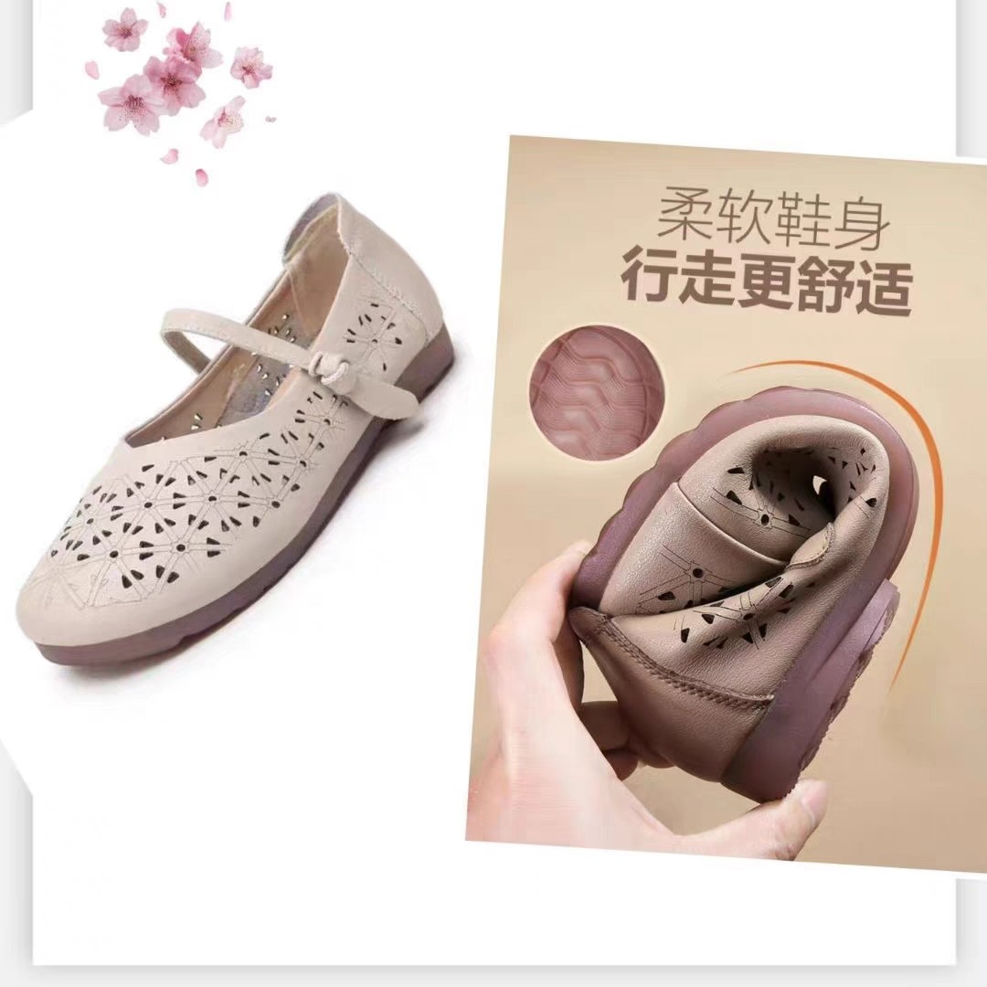 夏季防滑牛筋底镂空洞洞女凉鞋中老年平底透气时尚妈妈鞋3222