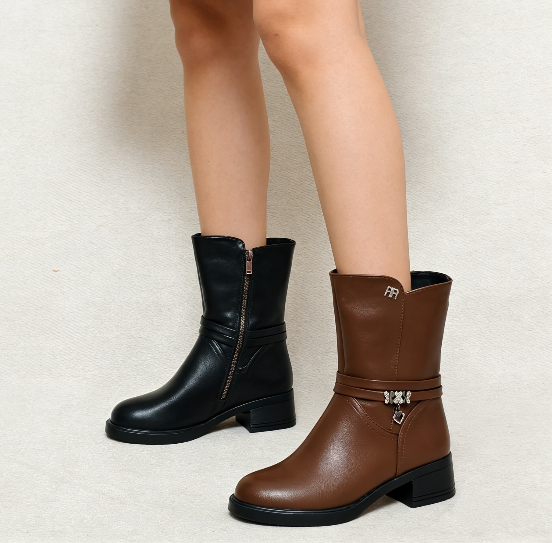 2025中筒女靴冬季新款棉靴防滑粗跟厚底加绒加厚靴子妈妈鞋8803-1