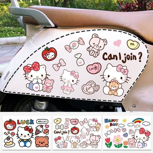 适配卡通可爱Hellokitty猫摩托电动车贴纸划痕遮挡头盔装饰防水