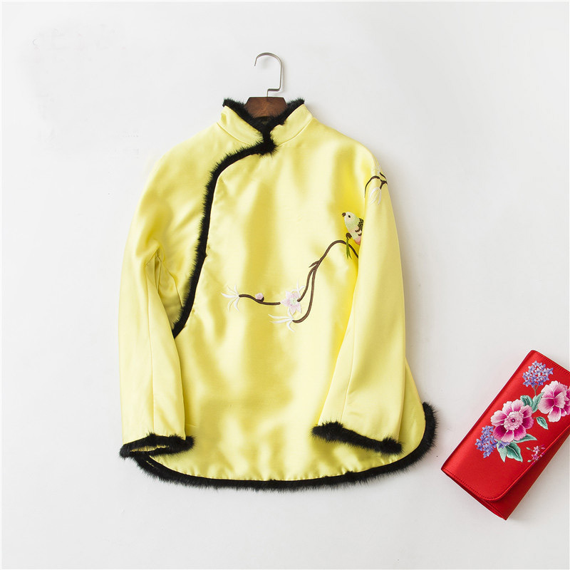 中国风旗袍枝头胖小鸟刺绣古典水貂毛棉袄斜襟上衣冬季新中式女装