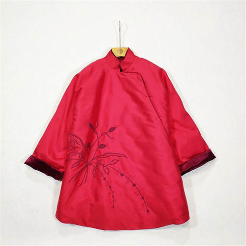 旗袍棉袄夏姿丝绒相拼绣花中长款