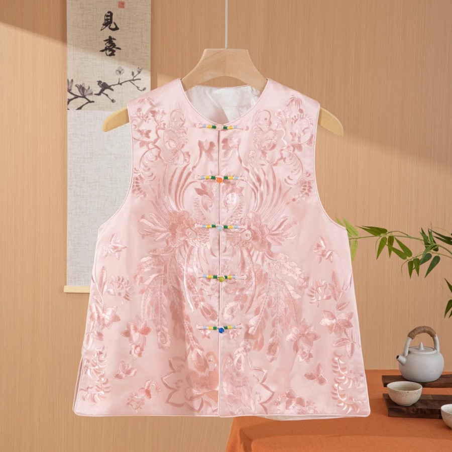 重工凤凰刺绣醋酸中式马甲背心女