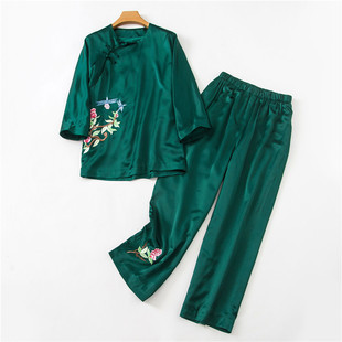 2020原创特惠轻奢麻缎中式 禅意茶服家居服 亲肤柔软墨绿色休闲套装