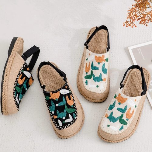 亚麻布鞋牛筋底包头凉鞋女