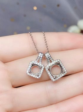 925纯银多尺寸莫桑钻吊坠项链银托空托圆形6.5\8MM一克拉两克拉