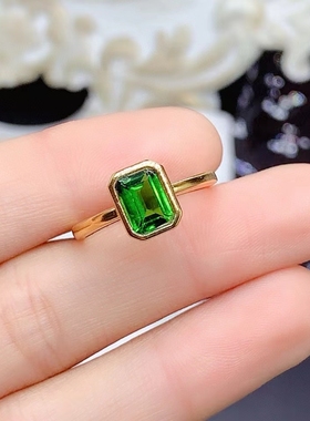 925纯银天然透辉石戒指祖母绿枕长方5*7包镶银托空托加工定制彩宝