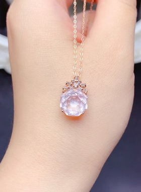 新款925纯银吊坠空托来石定制镶嵌圆10×10宝石切面粉晶项链银托