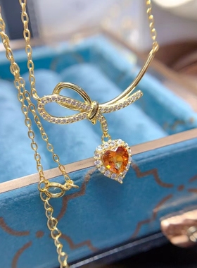 新款925纯银吊坠项链锁骨链水晶宝石镶嵌心形6*6空托银托来石加工