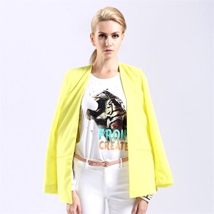 千细春季纯色无扣无领西装开衫女式个性长袖经典简章直筒休闲外套