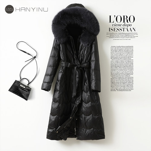 狐狸毛领黑色修身系带羽绒服女士