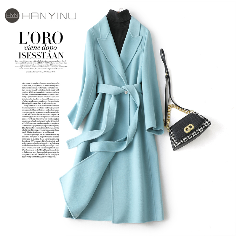 韩依奴全羊毛呢大衣女中长款外套