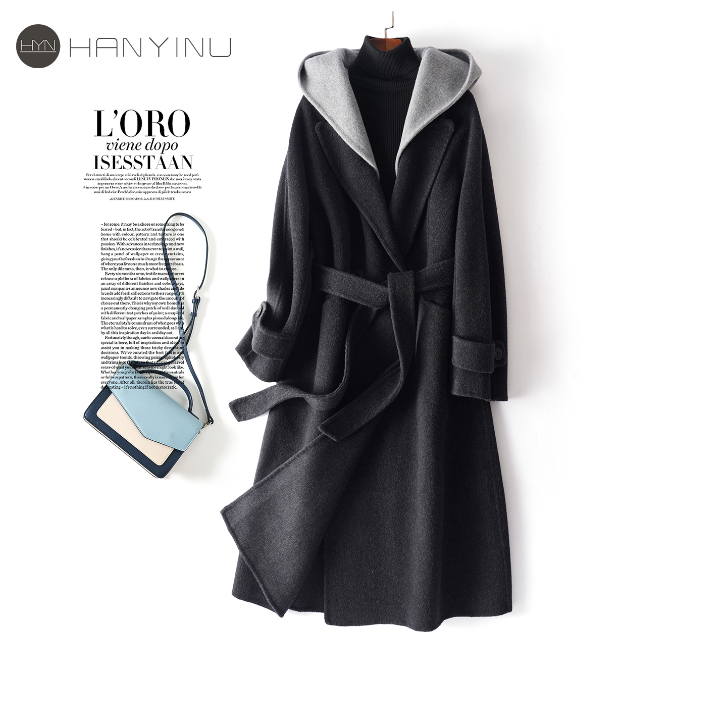 双面呢大衣女中长款系带连帽深灰时尚2025秋冬新款高级感毛呢外套