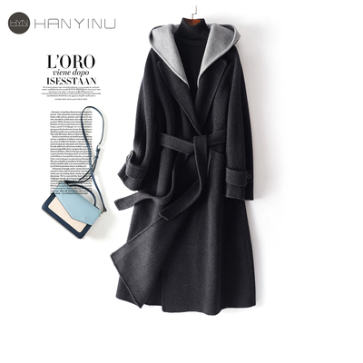 双面呢大衣中长款系带连帽外套女