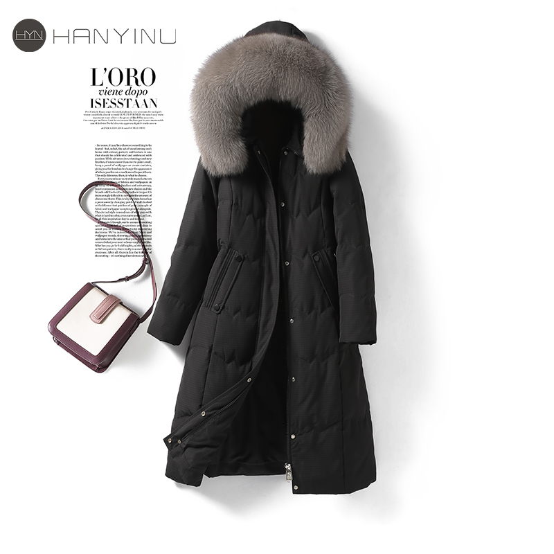 羽绒服女中长款连帽狐狸毛领黑色修身气质2025新款高端白鸭绒外套