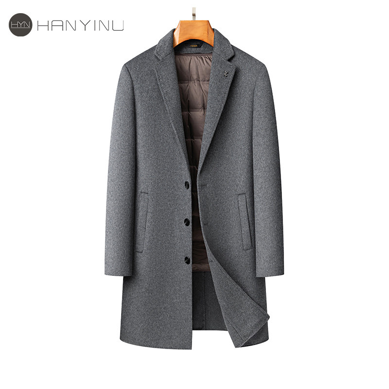 羊毛呢子外套男士中长款西装领90白鹅绒羽绒内胆冬新款双面呢大衣