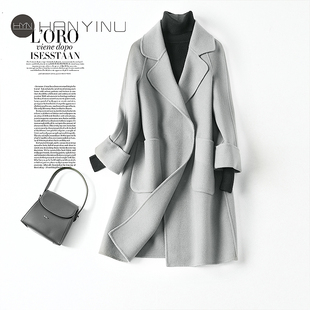 羊毛呢子2026春秋新款 宽松韩版 双面呢大衣 八分袖 毛呢外套女中长款