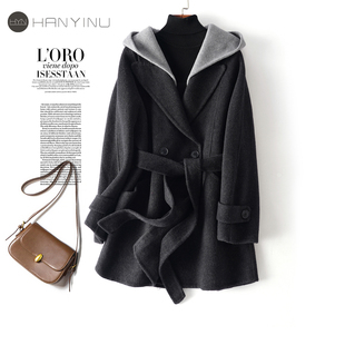 羊毛呢大衣女中长款连帽系带双排扣2026新款冬韩版时尚外套双面呢