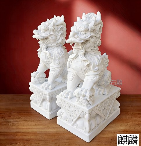 天然汉白玉石狮子麒麟手工雕刻