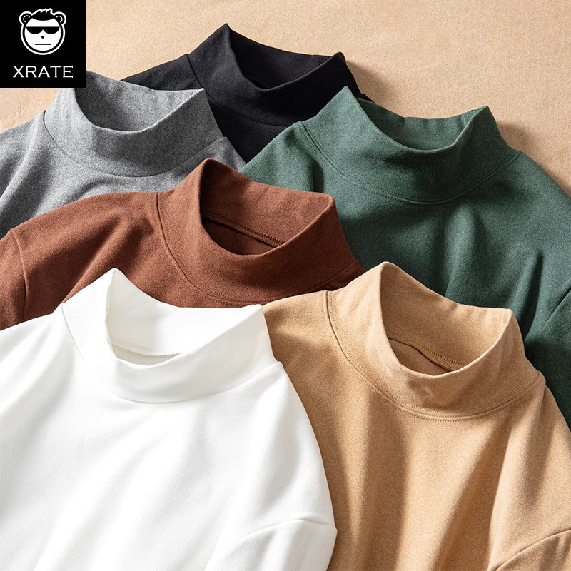 半高领打底衫男冬双面德绒中领内搭秋衣加绒加厚男士秋冬长袖t恤