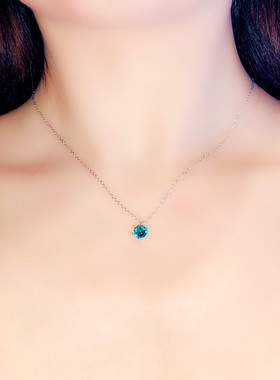 海蓝色 单钻 项链 锁骨链  925纯银镀白金 湖水蓝 水钻宝石 手工