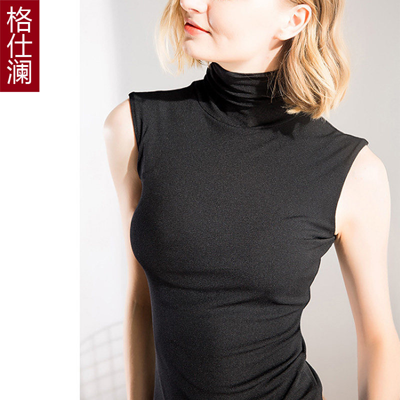 格仕澜无袖网纱上衣女秋装坎肩假领子高领蕾丝打底衫毛衣衬衫chic