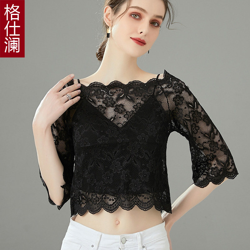 格仕澜锁骨一字肩蕾丝假领子女百搭假领露脐露肩甜美超仙蕾丝衫
